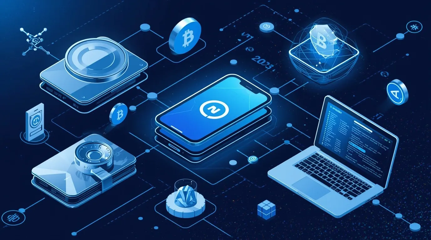Illustration of hardware, mobile, and browser crypto wallets with blockchain symbols, representing the best wallets in 2025.
