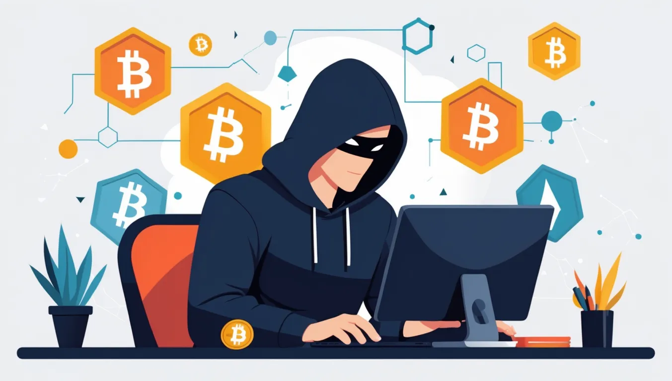 Illustration of a hacker stealing cryptocurrency in 2025, symbolizing modern crypto scams like rug pulls and phishing