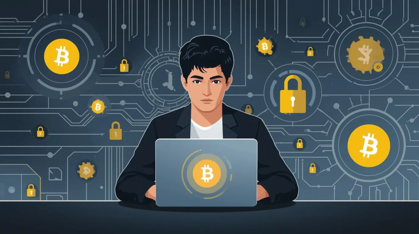 Illustration of a person protecting a crypto wallet on a laptop, symbolizing personal wallet security in 2025.