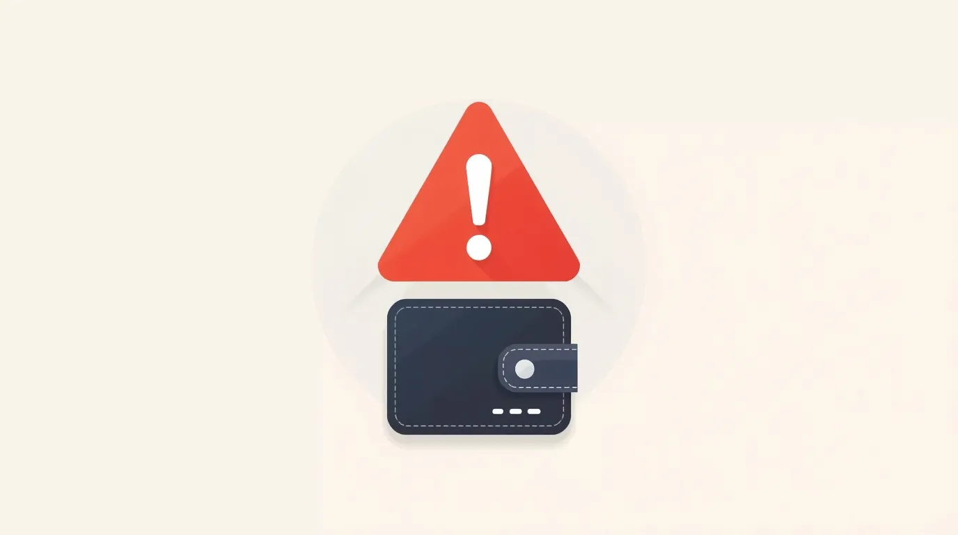 Flat illustration of a crypto wallet with a red warning sign, symbolizing scam risk in 2025.