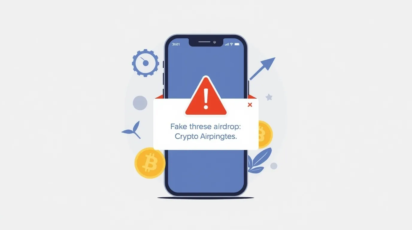 Flat illustration of a mobile crypto wallet showing a fake airdrop notification, warning about phishing scams in 2025.
