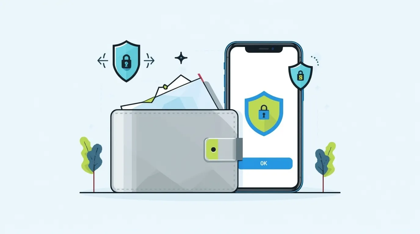 Vector illustration of a hardware wallet next to a mobile wallet app with shield and lock icons, representing safe crypto storage.