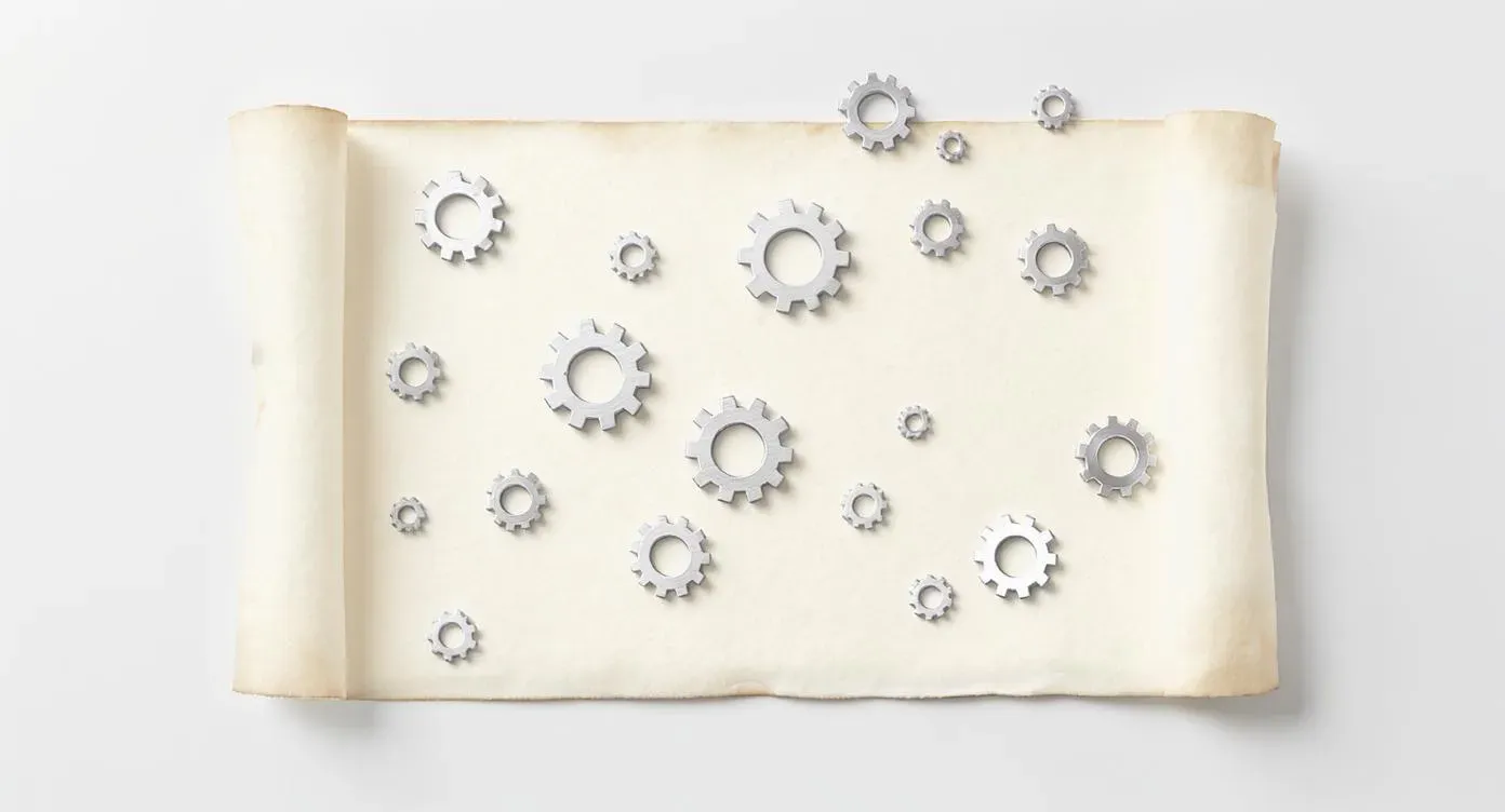 Digital scroll or smart contract with floating gear icons symbolizing automated finance.