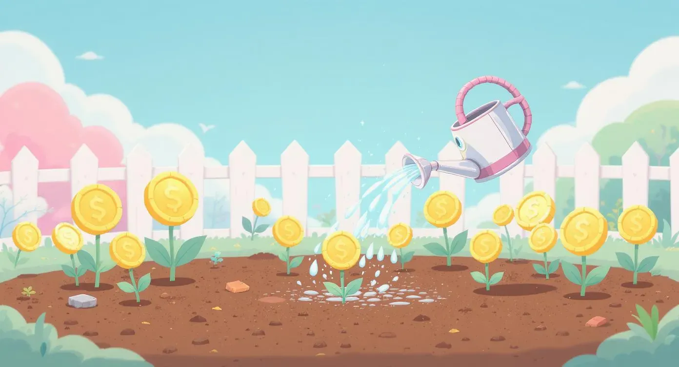 Cartoon garden bed with coin plants being watered by a robot can, representing yield farming.